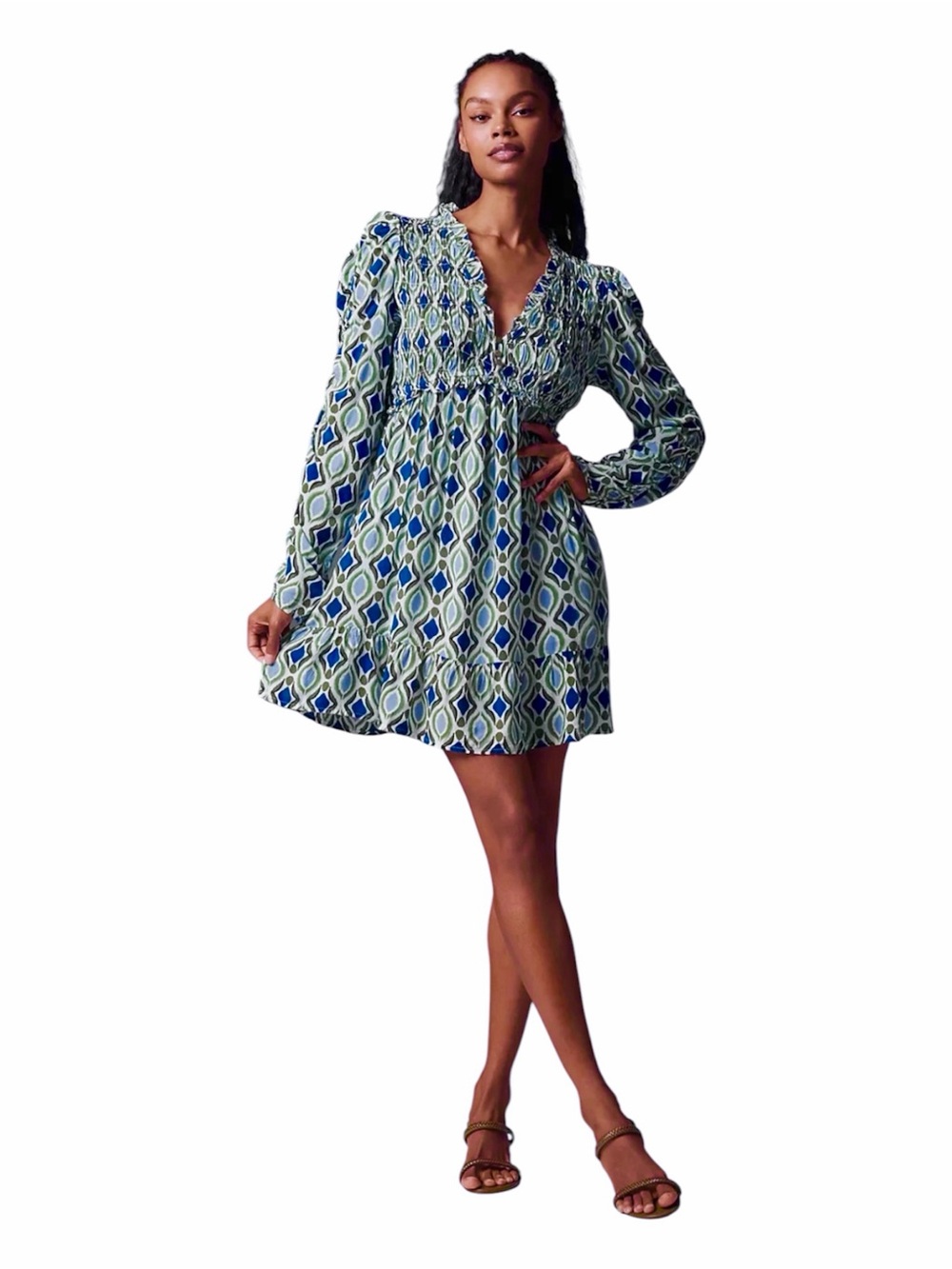 By Anthropologie Smocked Babydoll Mini Dress XS Blue Green Boho Ruffle
